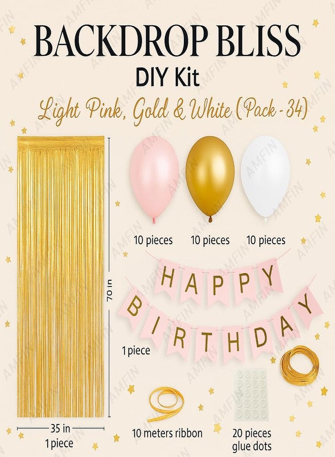 AMFIN (Pack of 34) Backdrop Bliss Birthday Decoration DIY Kit with Balloons, Fringe Curtain and Banner - Light Pink, Gold & White - Image 3